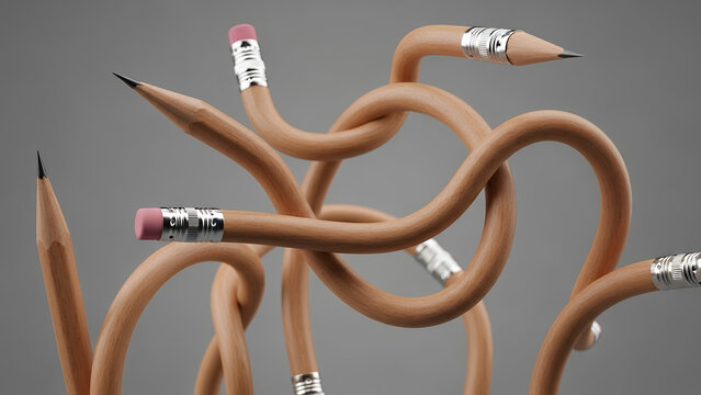 Multiple pencils bending and twisting together in a complex formation, showcasing flexibility and creativity in a close-up view