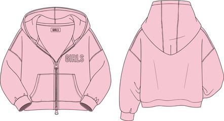 Pink Girls Zip Up Hoodie Fashion Flat Sketch Technical Drawing Template with Oversized Fit Drop Shoulder Crop Design and Kangaroo Pocket Apparel Mockup ©  FIROZ CONTRIBUTOR 
