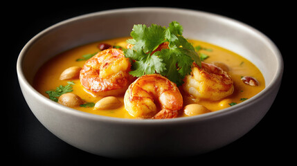 Realistic depiction of Brazilian vatap&aacute; shrimp stew in a bowl garnished with fresh herbs and nuts on a black background