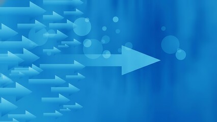 Flowing light blue arrows moving forward in a gradient blue background with soft circular bokeh lights, abstract concept