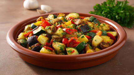 Realistic depiction of French ratatouille served in a traditional terracotta dish with fresh vegetables and herbs on a rustic table