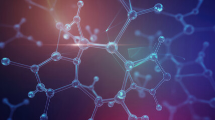 Abstract molecular structure illustration with interconnected atoms and bonds on a colorful gradient background, showcasing scientific concepts in chemistry and biology for educational purposes