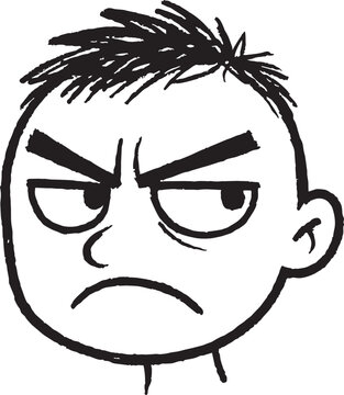 Hand drawn crayon emoji face of angry frowning boy