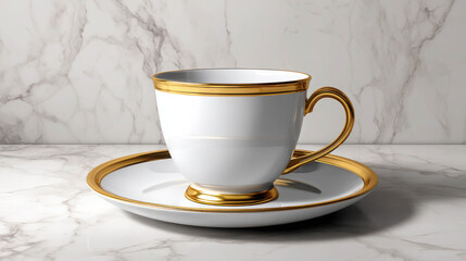 Realistic and Elegant Depiction of a Gold Trimmed Cup and Saucer on a Marble Surface for Stylish Table Settings and Luxury Events