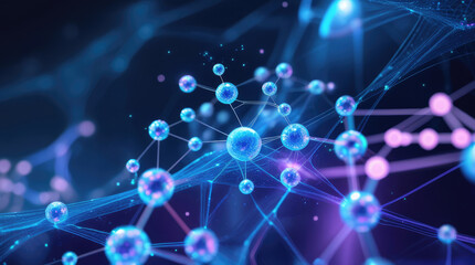 Abstract digital illustration of interconnected molecules and atoms in vibrant blue and purple tones, representing scientific concepts and technology in a visually engaging manner