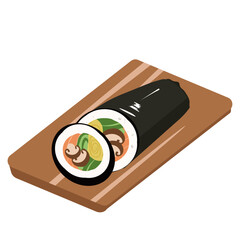 恵方巻。カットした恵方巻、節分の日。木の板に載った恵方巻。太巻き。ベクターイラスト