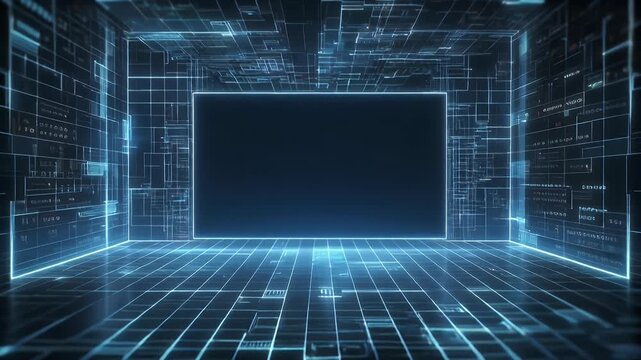Futuristic digital room with glowing blue circuit lines and a central dark screen, representing a virtual data space.