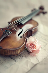 Fototapeta premium Violin and a Rose on Music Sheet. Generative AI