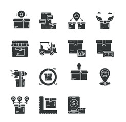 Logistics and shipping icons representing various stages of delivery and commerce in a monochromatic illustration style from a straightforward viewpoint