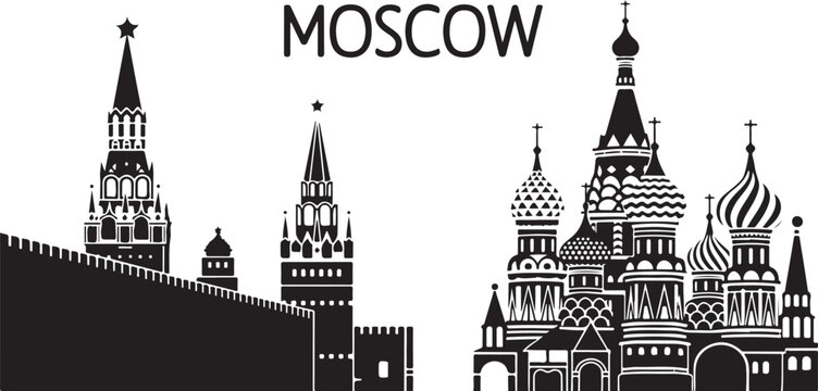Moscow city skyline silhouette, popular landmarks and sights including Kremlin, St Basil Cathedral and towers