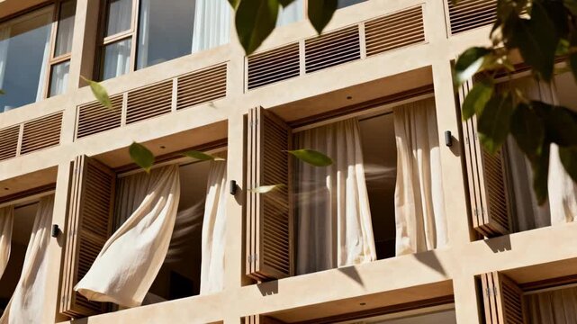 Medium shot of building windows open to enhance natural air flow showcasing passive cooling through strategic ventilation and breeze channels in warm climates.