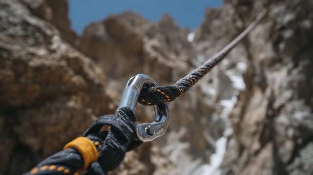 17Macro perspective of a climber clipping a quickdraw to a rope, carabiner gate mid-action, rope fibers and aluminum texture sharply focused, blurred vertical rock wall background, c