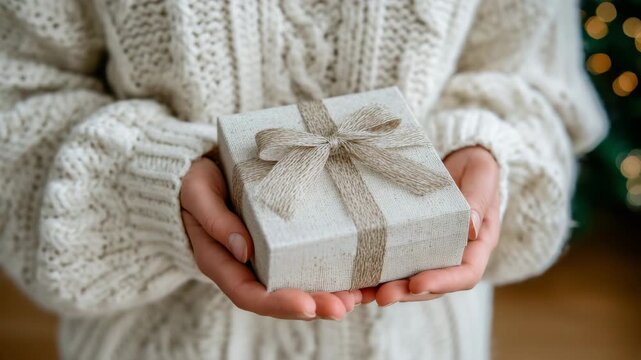 30Close-up of hands holding a small gift box with ribbon, textures of paper and fingers clearly visible, blurred neutral background, hands holding objects, celebration, and versatile