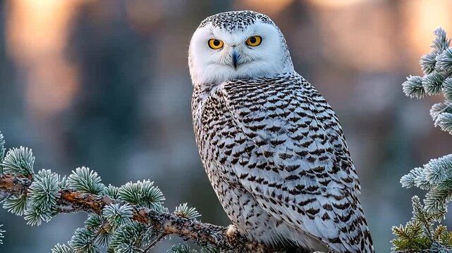 Serene Snowy Forest Scene Featuring a Snowy Owl Perched on Pine Tree Branches during Twilight