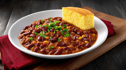 Realistic Depiction of Vegetarian Chili Served with Cornbread on a Wooden Board, Garnished with Fresh Green Onions and Colorful Ingredients