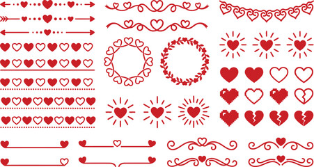 Set of Valentine's Day Heart Design Elements, Romantic Dividers, Wreaths, Arrows and Pixel Art Icons