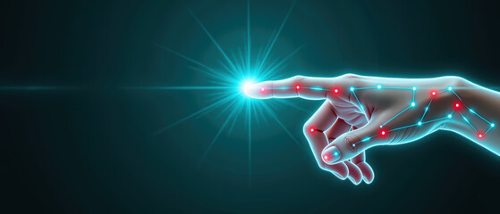 Glowing hand with digital connections reaching towards bright light, symbolizing technology and innovation