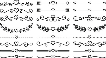 Set of Decorative Heart Dividers and Flourishes for Romantic Wedding Invitations and Card Designs