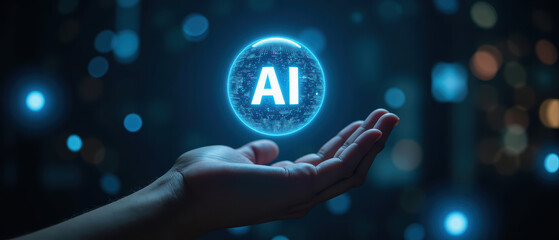 Hand holds glowing sphere with AI displayed, surrounded by digital background of blue lights, symbolizing technology and innovation