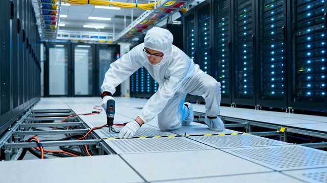 Technician installing electrostatic dissipative flooring in a hightech data center environment ensuring safe protection for sensitive electronic equipment