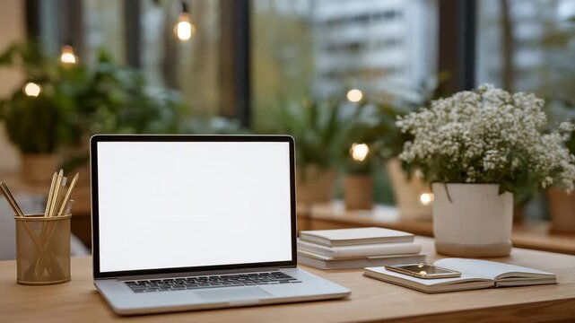 35Close-up of a laptop keyboard and trackpad with screen off, soft-focus desk background with stationery, devices with empty screens, minimal workspace, and professional mockup conce