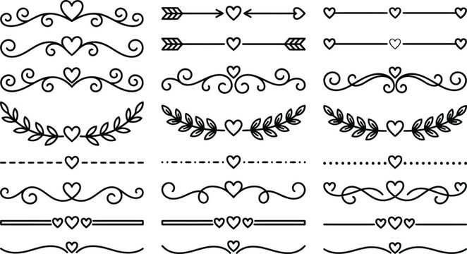Set of Decorative Heart Dividers and Flourishes for Romantic Wedding Invitations and Card Designs