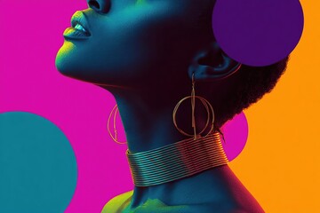 Portrait of a woman with vibrant blue face paint and colorful earrings, showcasing artistic expression against a backdrop of abstract splashes in pink and yellow hues with copy space