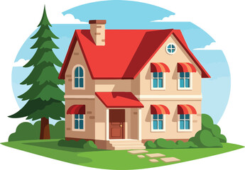 Fototapeta premium Charming TwoStory House with Red Roof and Green Tree.