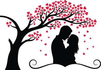 Silhouette of Romantic Couple Embracing Under a Tree with Red Heart Leaves for Valentine's Day