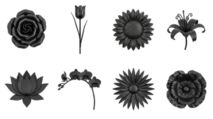 Black metal flower set including rose, tulip, sunflower, lily, lotus, orchid, daisy, and poppy designs isolated. Ornamental wrought iron collection.