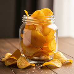 Crunchy Golden Potato Chips with Sea Salt in Clear Glass Jar on Rustic Wooden Table