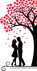 Romantic Couple Silhouette under a Love Tree with Heart Leaves for Valentine's Day Illustration