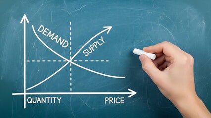 Hand drawing a fundamental economic supply and demand curve graph on a dark green chalkboard illustrating market equilibrium principles clearly for students.