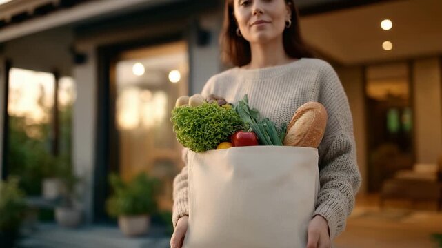 50Female hands holding out a grocery bag toward an open front door, fresh produce and bakery bread arranged neatly, soft golden sunlight, calm domestic atmosphere, healthy eating and
