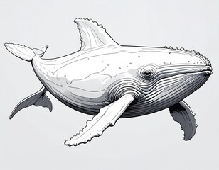 Black and White Humpback Whale Illustration with Anatomical Detail and Shaded Texture