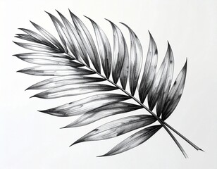 Black and White Palm Leaf Illustration with Curved Symmetrical Leaflets