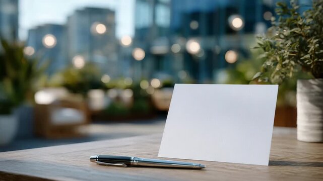 54Detailed close-up of a blank sheet of paper on a desk with a pen, subtle reflections and textures, blurred background with empty space, copy space compositions, creative workspace,