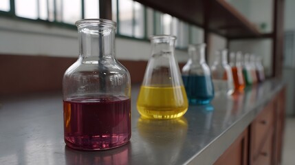 A row of science laboratory beakers filled with colorful liquids lined up on a metallic bench