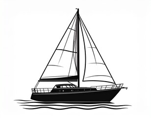Black and White Sailboat Illustration with Cabin and Stylized Waves