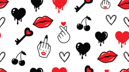 Seamless Pattern with Red Lips, Dripping Hearts, Cherries and Edgy Hand Gestures on White Background