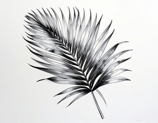 Detailed Black and White Palm Leaf Illustration with Fine Line Shading