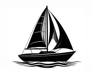 Elegant Black and White Sailboat Illustration with Raised Sails