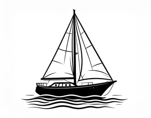 Elegant Black and White Sailboat Illustration with Raised Sails