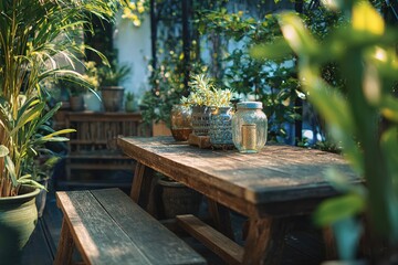 Wooden table with potted plants and decorative jars in a lush garden setting, sunlight filtering through greenery creating a serene outdoor atmosphere with copy space