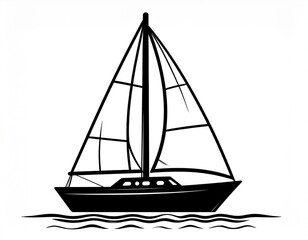 Black and White Sailboat Illustration with Stylized Waves