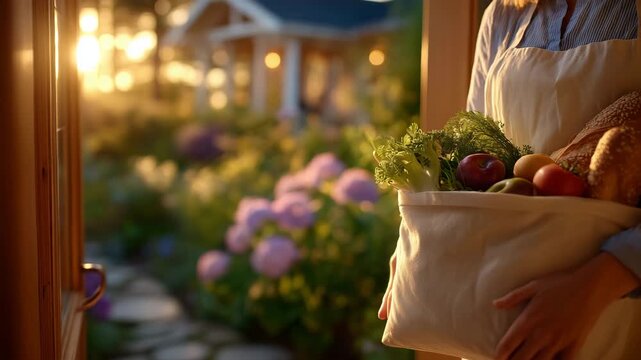 56Natural lifestyle scene of female hands extending a grocery bag filled with healthy food, fruits and bread visible, home doorway bathed in warm sunlight, emphasis on comfort, welln