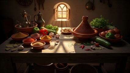 Traditional tajine pot and fresh ingredients on wooden table in Algerian kitchen with warm sunlight