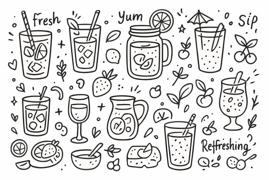 Hand-drawn doodle vector set of mocktails and fruity drinks in a fun style, isolated on white background
