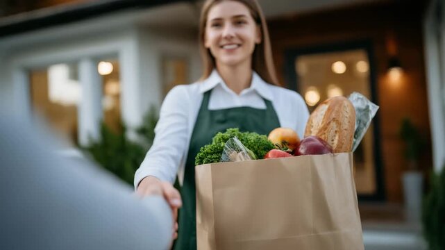 60Over-the-shoulder perspective of female hands handing a grocery bag to someone at a front door, fresh fruits and bread peeking out, sunlit home exterior, friendly service interacti