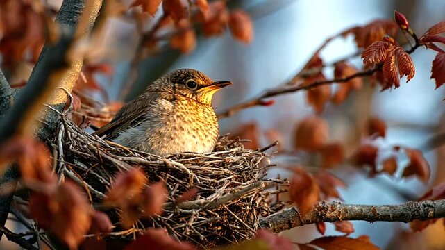 Close-up of a fledgling bird in a nest surrounded by reddish autumn leaves capturing early spring